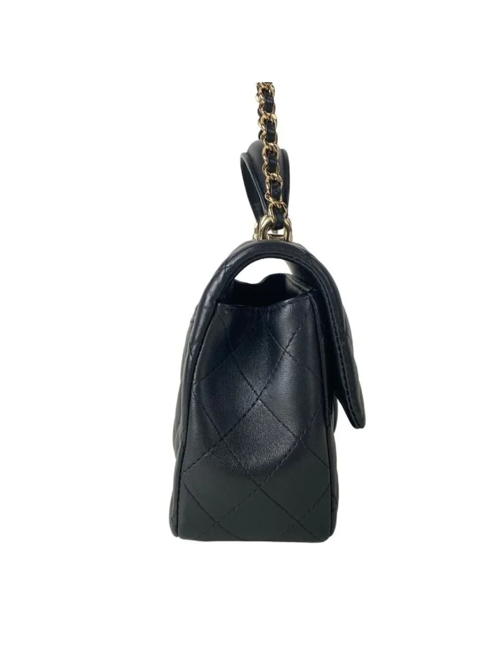 Chanel Shoulder Bag Quilted Top Handle Mini Flap Black Chain Champagne Gold